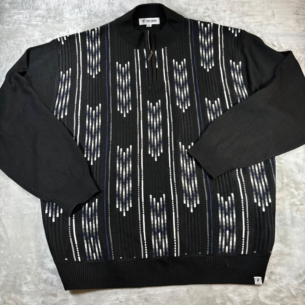 Stacy Adams Mens 3XL Quarter Zip Sweater Black Geometric Knit Mock Neck Pullover